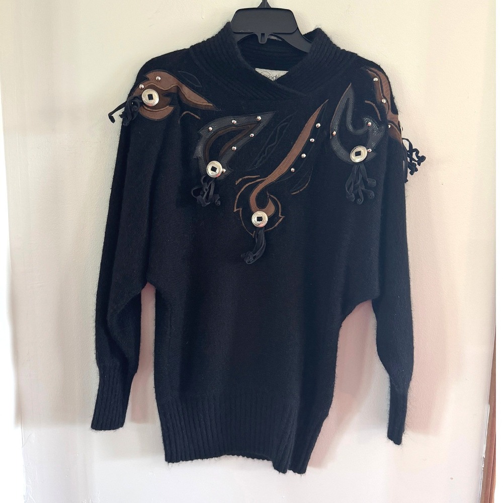 Cedars Vintage Sweater Medium Black Silk Angora Western tassles cowgirl boho